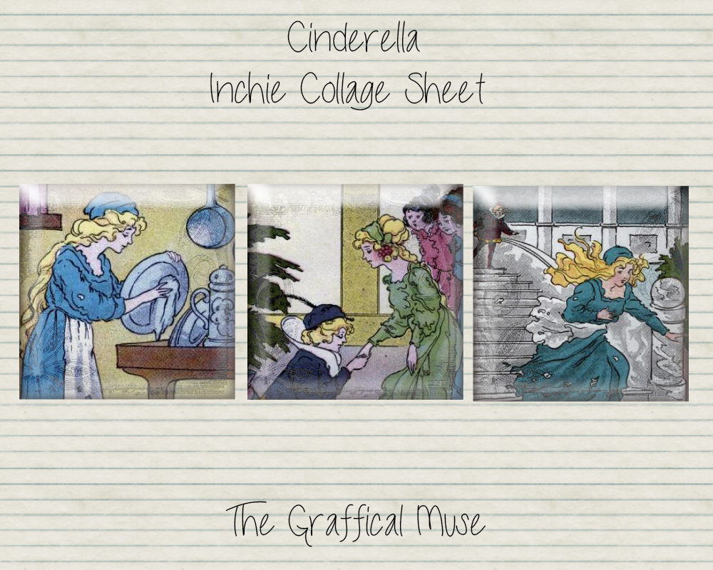 Vintage Cinderella 1x1 Squares Collage Sheet for Altered Art, Mixed Media, Crafts, and Jewelry