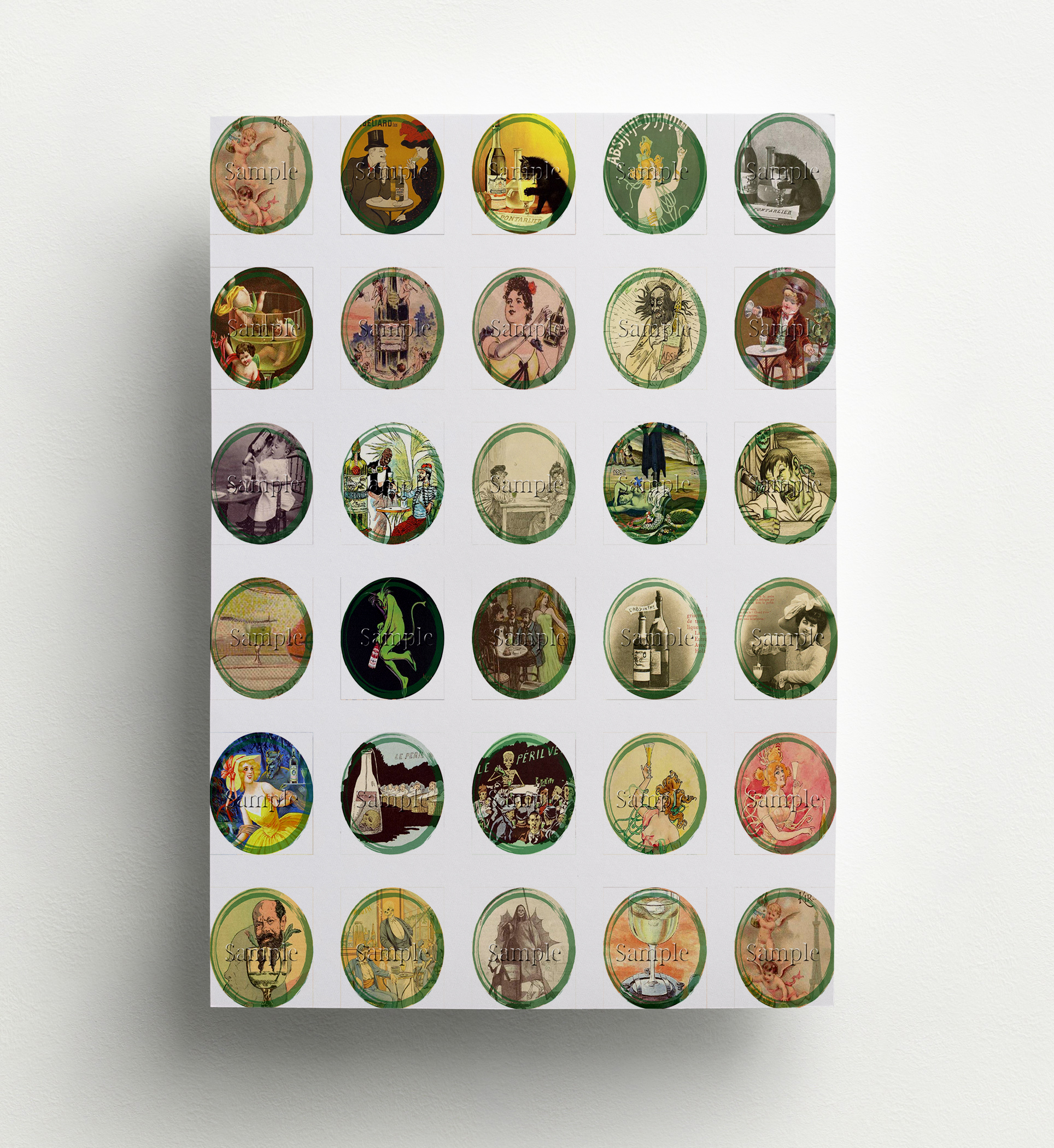 1 inch circle digital collage sheet - vintage absinthe
